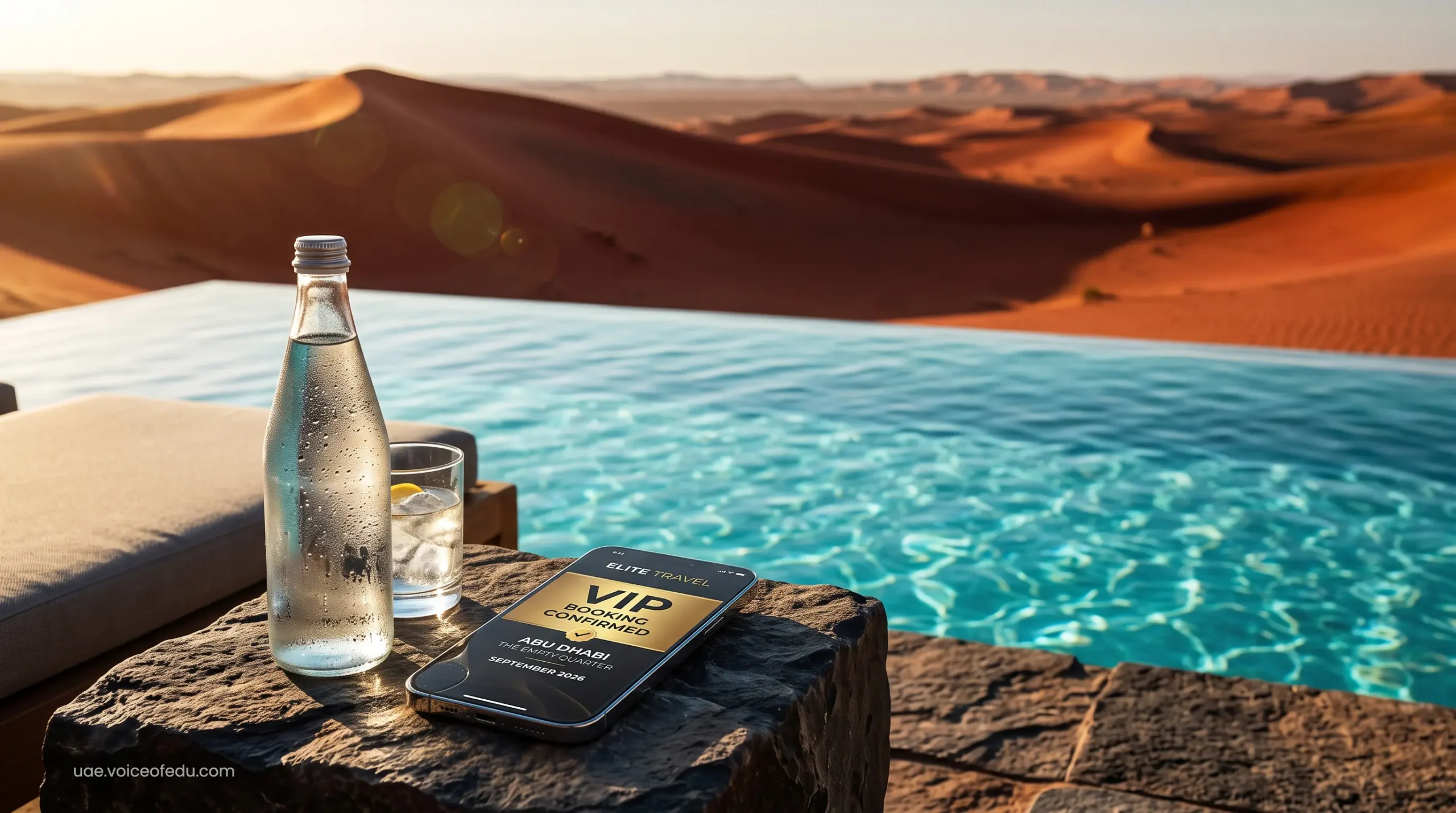 Private infinity pool overlooking the Abu Dhabi desert dunes at sunset