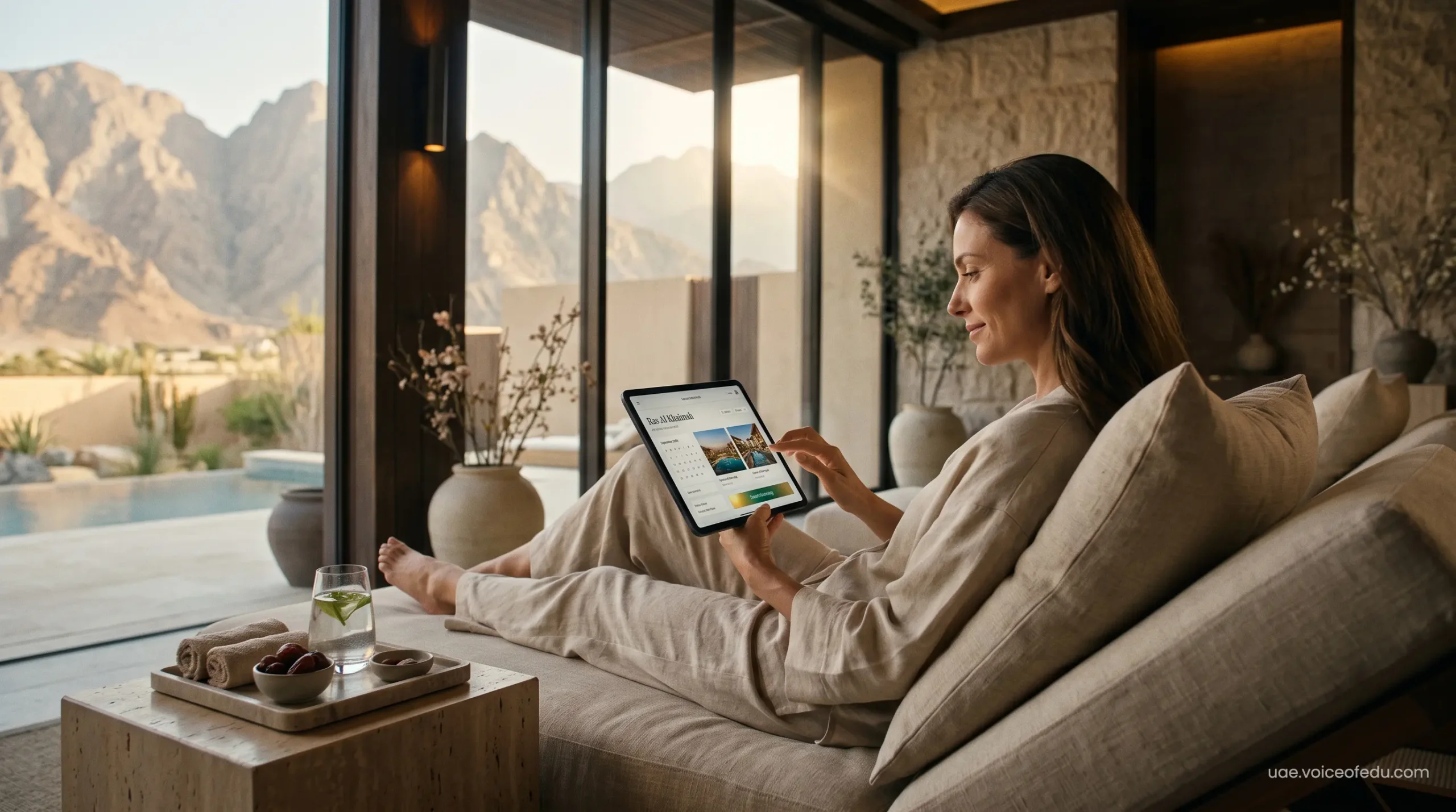 Reserving a private spa pool villa in Ras Al Khaimah using a high-end digital tablet