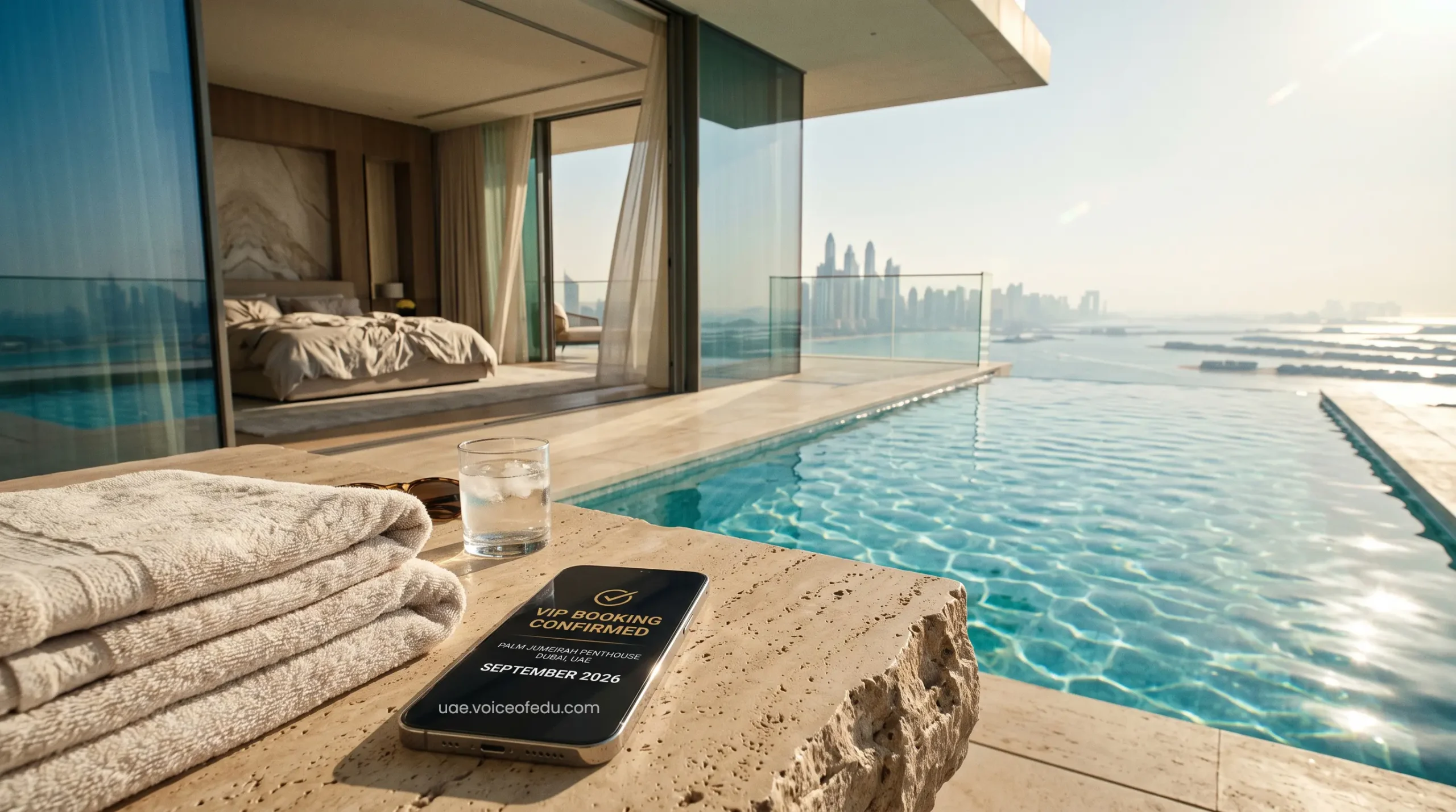 Luxurious Palm Jumeirah penthouse interior with floor-to-ceiling windows overlooking the Dubai skyline