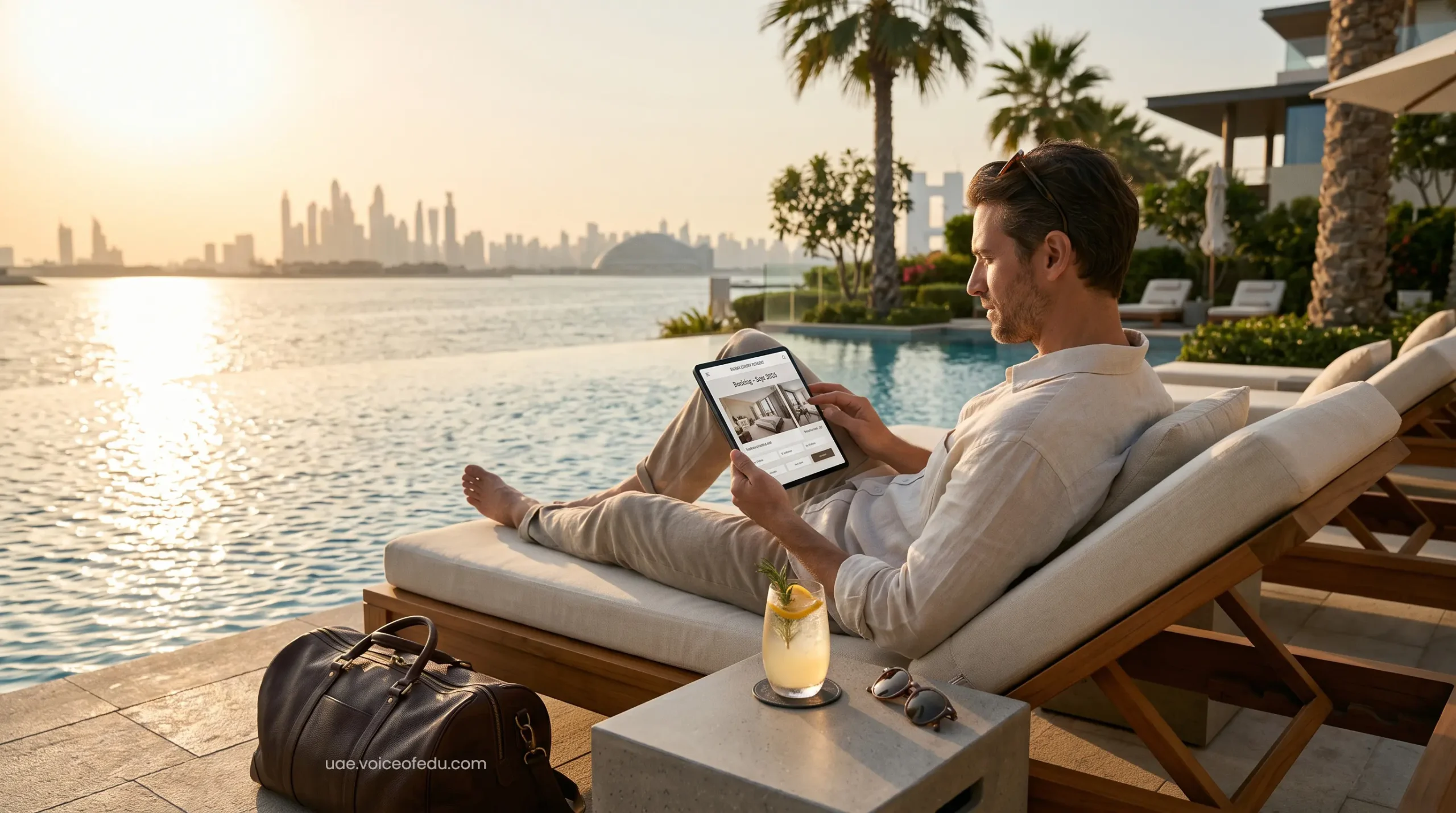 Elite traveler securing Dubai private pool villa rates on a digital tablet