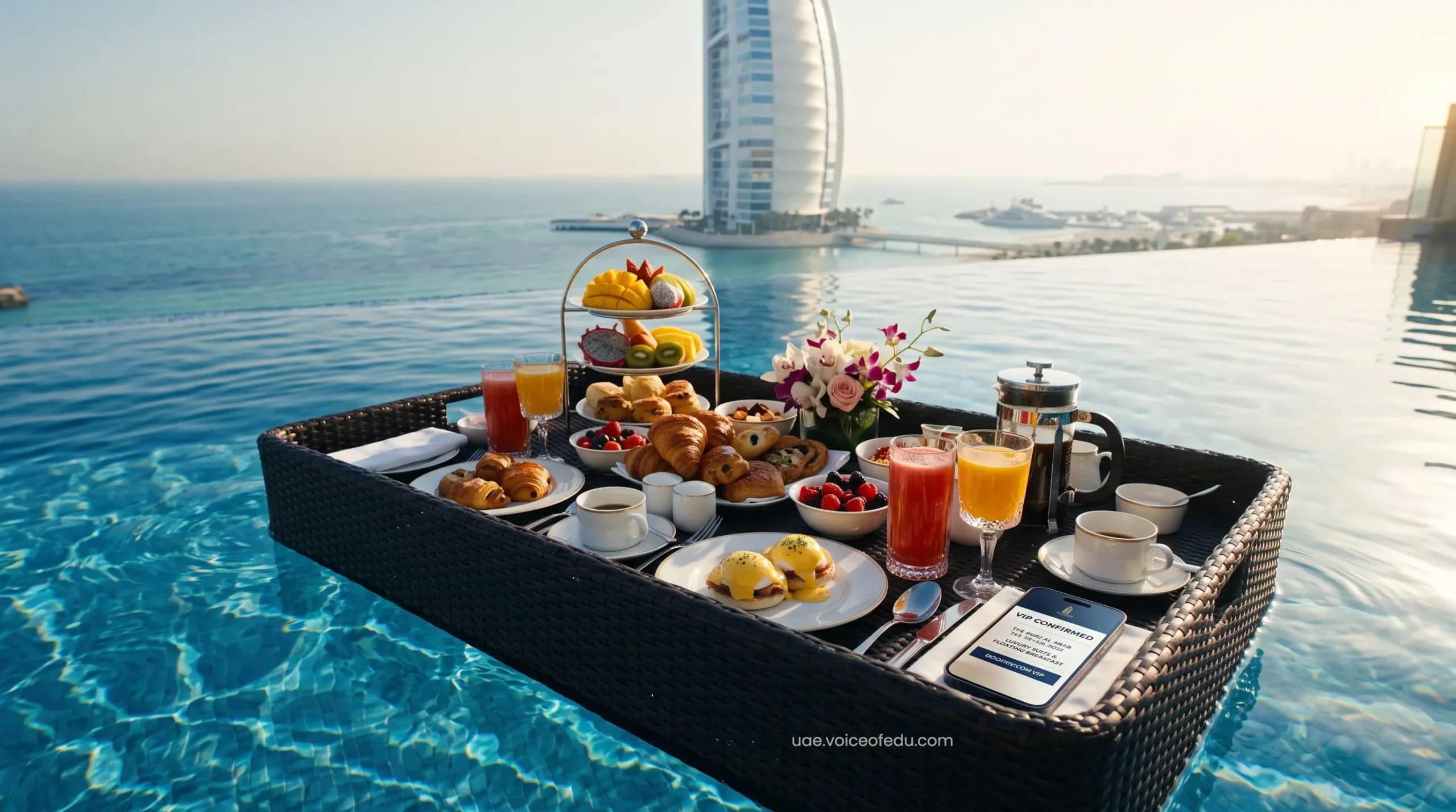 Floating breakfast in a Dubai private pool villa booked via exclusive OTA deals