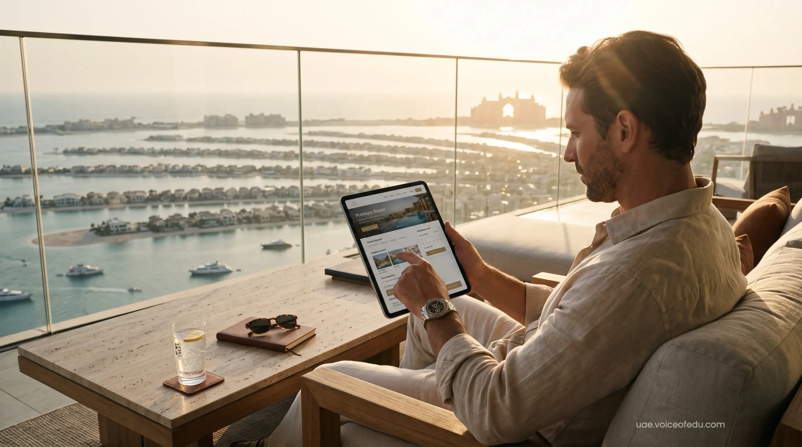 Elite traveler securing VIP OTA rates for a Dubai penthouse using a high-end digital tablet
