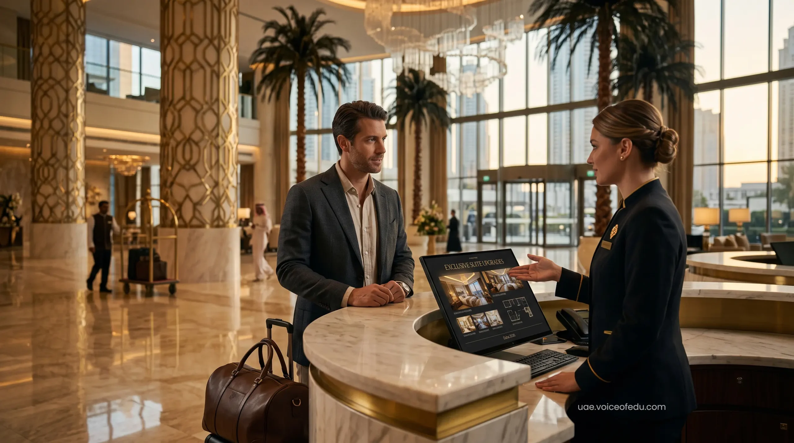 VIP traveler negotiating a luxury suite upgrade at a Dubai resort concierge desk