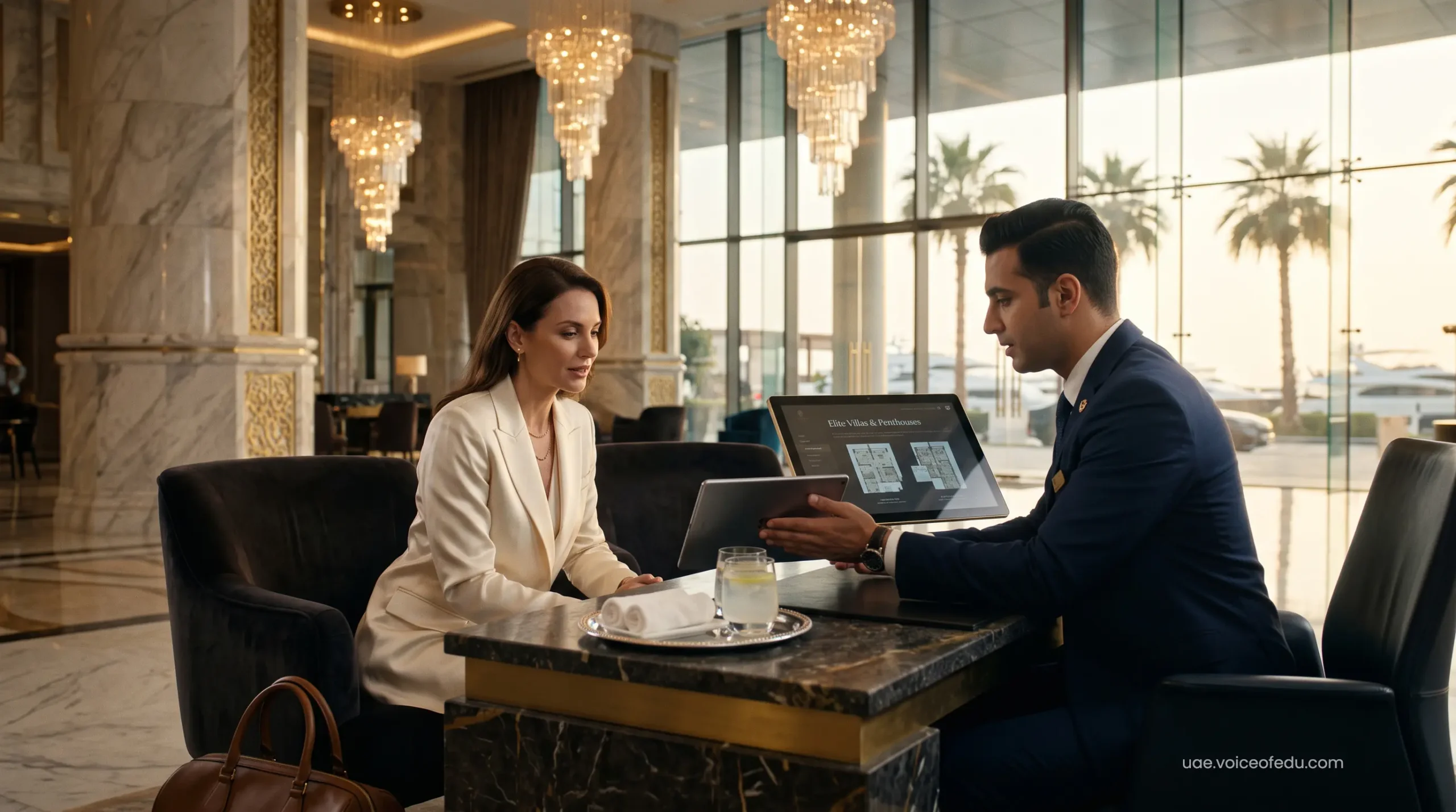 VIP traveler confirming a luxury suite upgrade at a 7-star Palm Jumeirah resort concierge desk