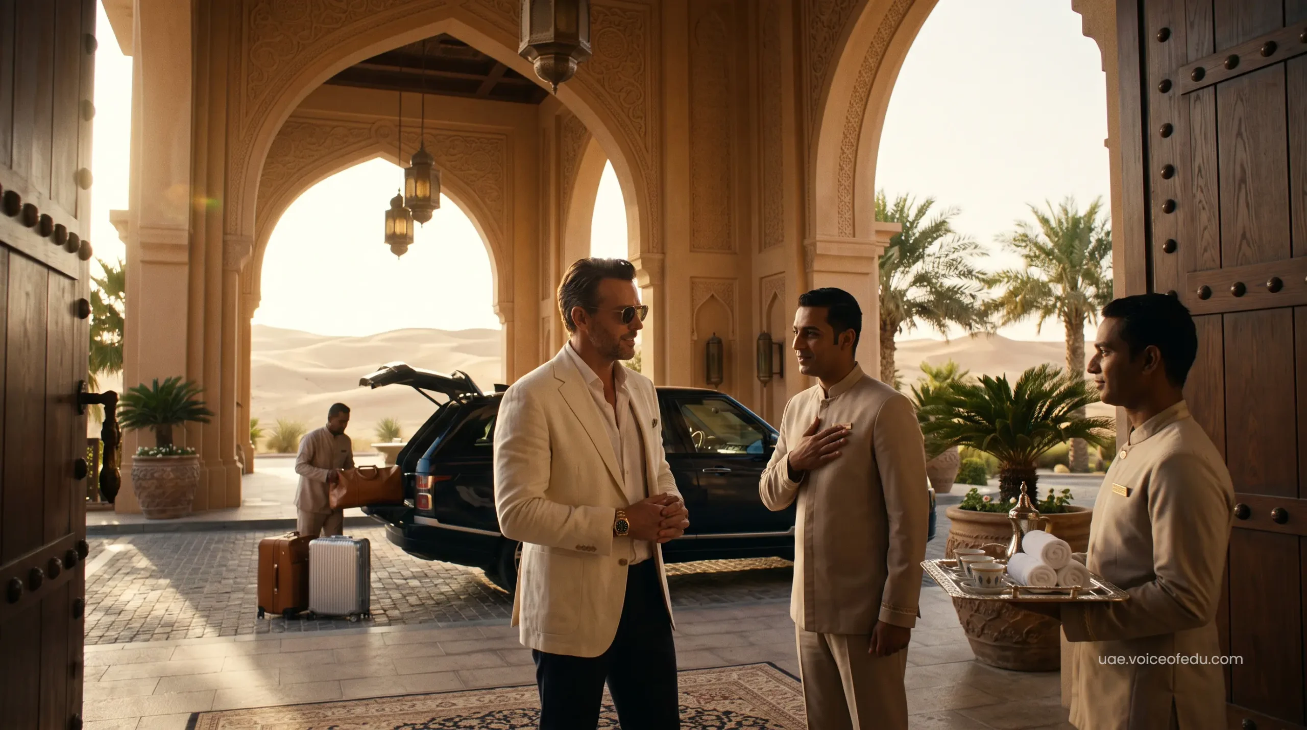 Elite traveler arriving at an Abu Dhabi 5-star desert resort for a VIP staycation