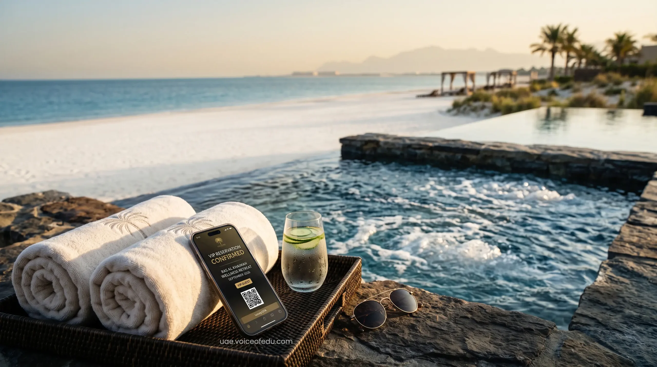 Private luxury hydrotherapy pool overlooking the Ras Al Khaimah coastline at sunset