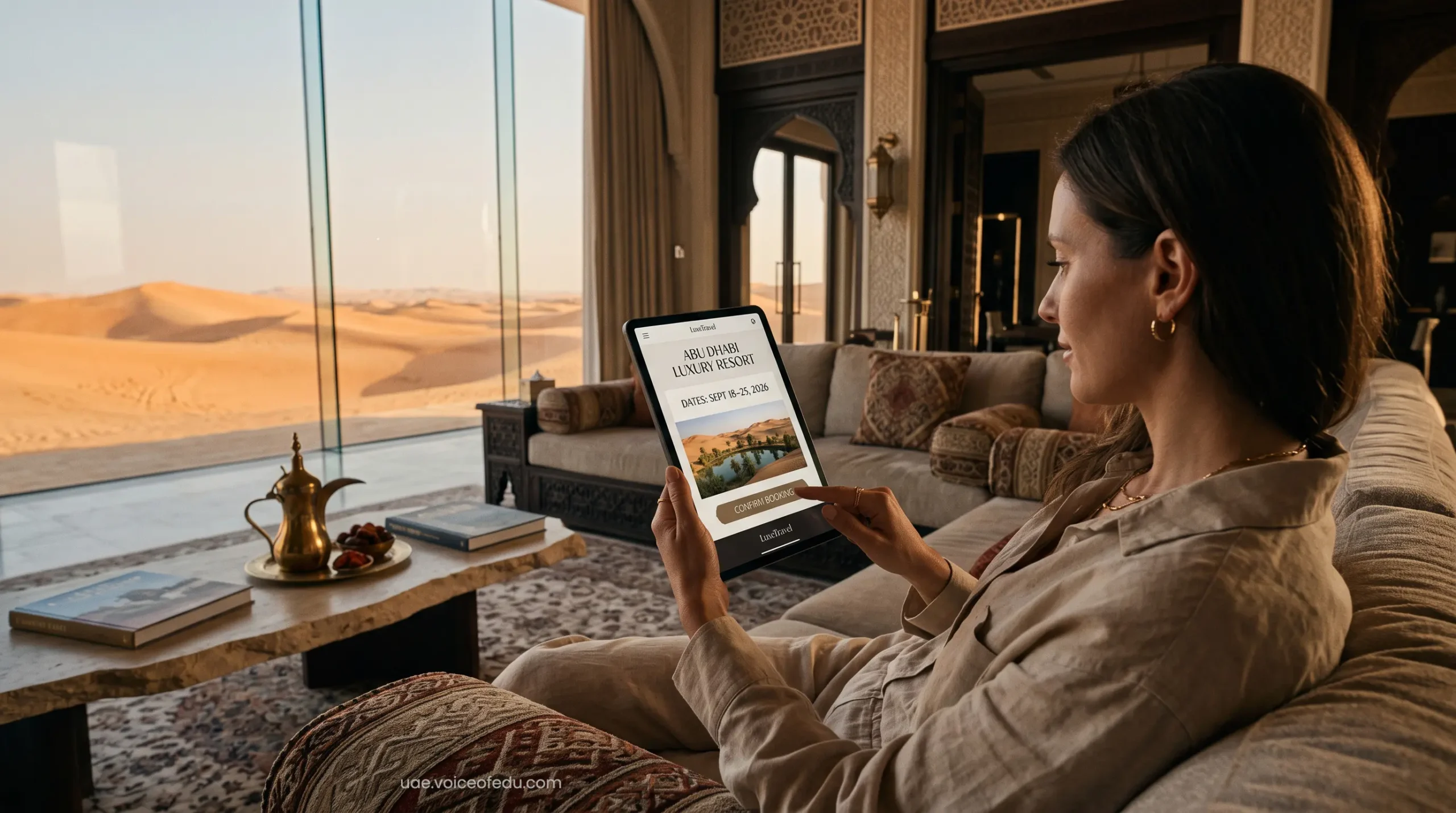 Reserving an Abu Dhabi private desert pool villa using a high-end digital tablet
