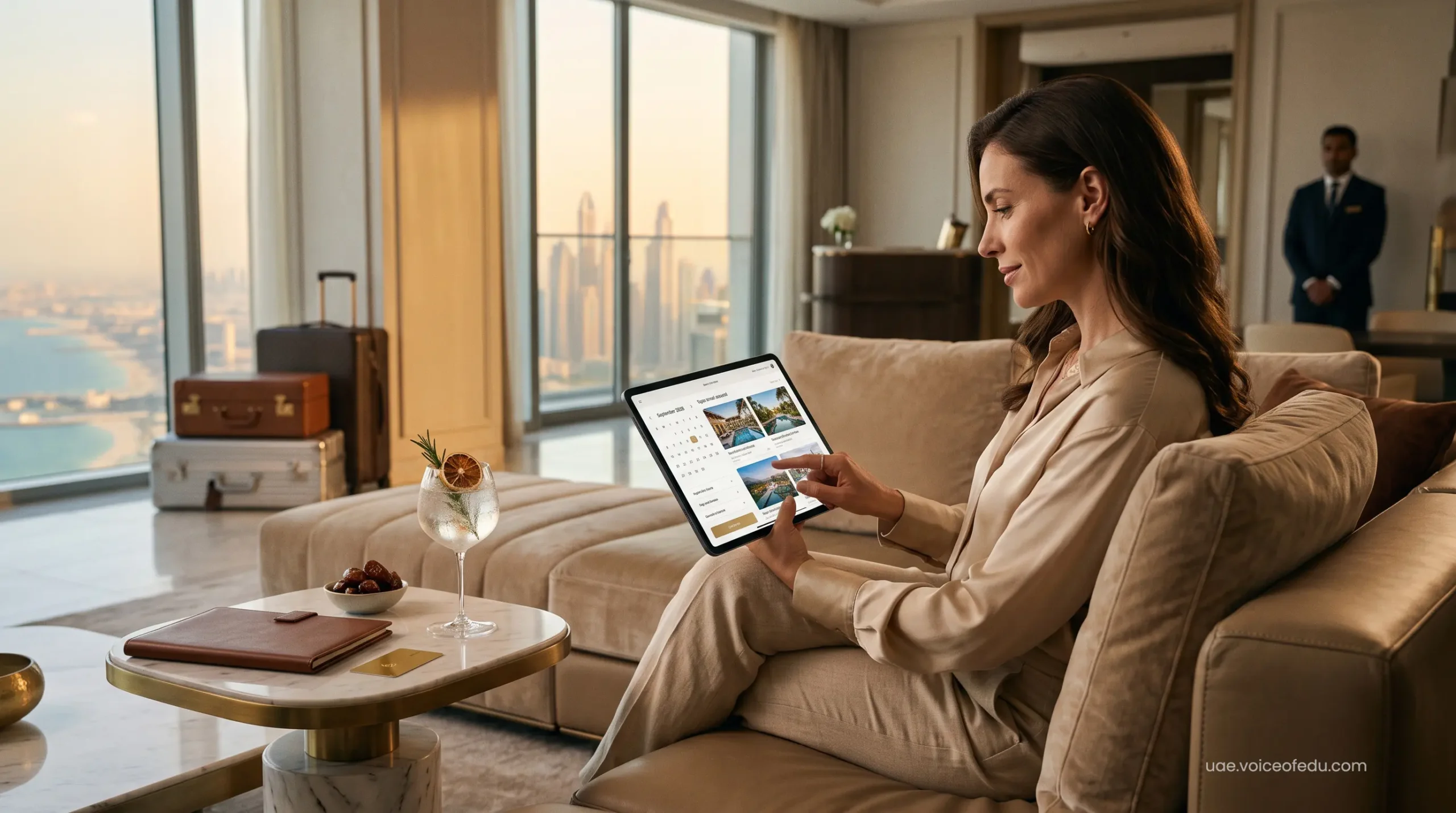 VIP traveler booking a 7-star UAE luxury resort staycation on a digital tablet